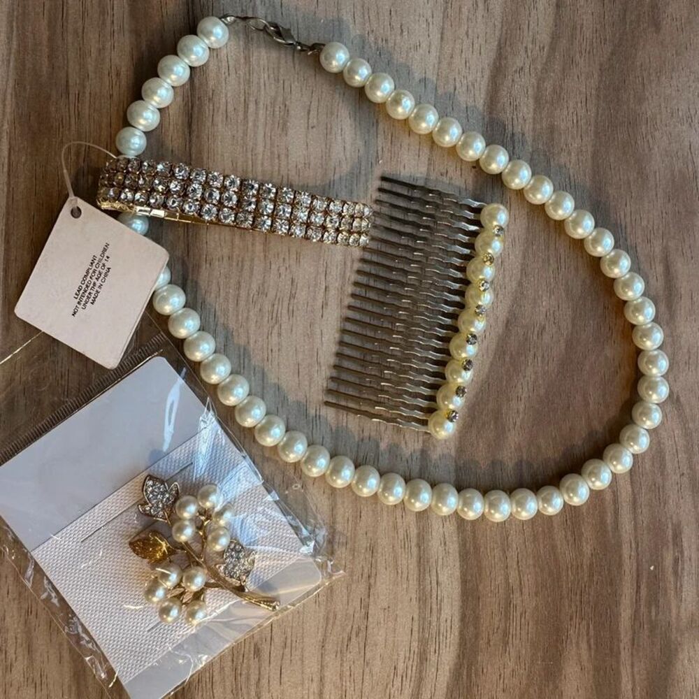 Faux Pearl Jewelry Hair Accessories Lot Crystal Bracelet Brooch Necklace Comb